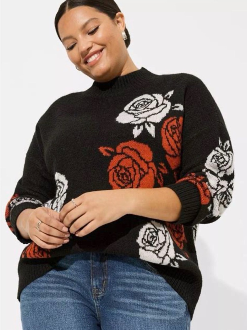 Black Floral Rose Knit Sweater - Red & White Roses